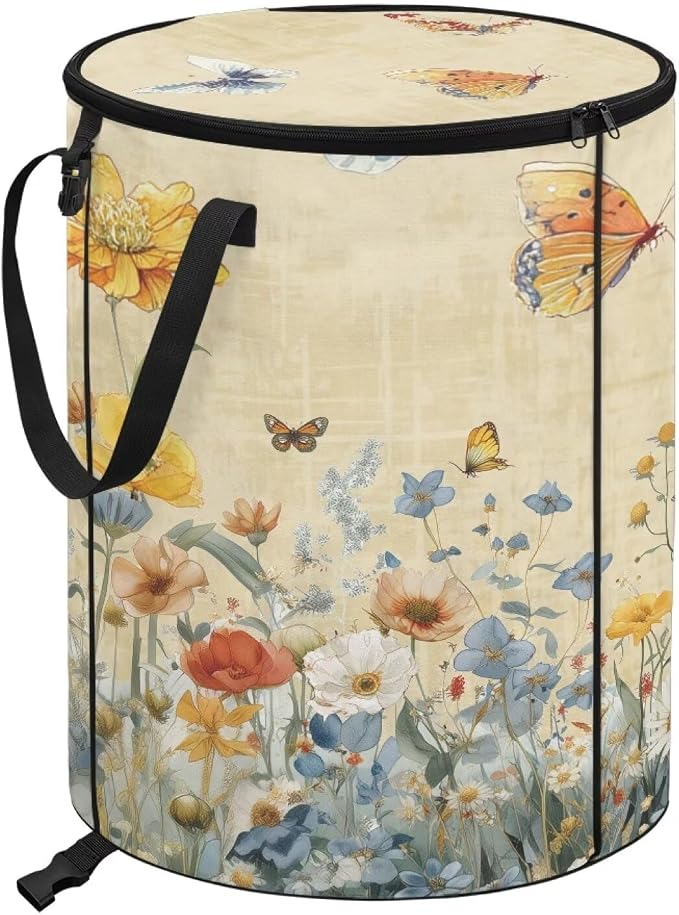 Floral Butterfly Collapsible Trash Can 24 Gallon Pop-Up Outdoor Garbage Can with Handles Waterproof Lightweight Storage Bag with Lids for Laundry Toy Room Garden Patio Camping