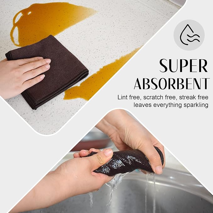 Microfiber Dish Cloth Kitchen Cleaning Cloth 12x12In 12 Pack Brown | Absorbent, No Streak, Dish Rags, Lens, Cloths