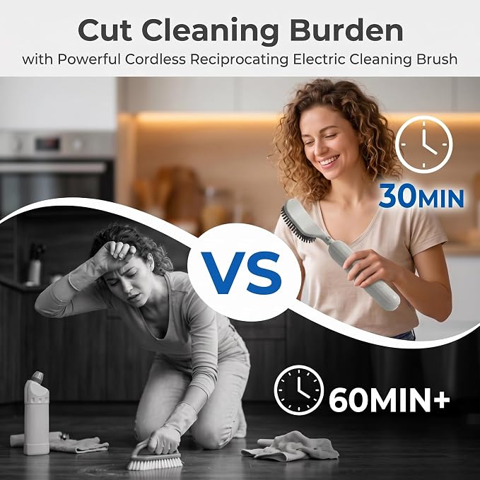 Reciprocating Electric Scrubber for Tile & Grout, Scrub Brush for Cleaning | 2 Brush Heads, 90 Mins Runtime, Versatile Kitchen & Bathroom Cleaning Tools, Stiff Bristle Brush for Crevice, Sink, Tub, Dish