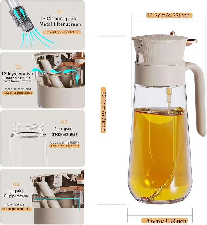 19.6 oz 2 in 1 Glass Olive Oil Sprayer for Cooking | Leak-Proof Oil Dispenser for Kitchen, Food-Grade Spray and Pour Bottle Air Fryer, BBQ, Salad, Baking - White