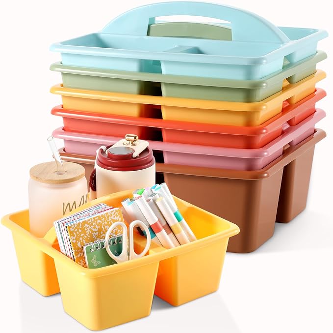 6 Pack Plastic Classroom Organizer Caddy with Handle, Boho | 3 Compartment, Portable Supply Storage Caddy, Craft Art Caddies for Pencil, Crayon, Marker, Home, Office, School Supplies