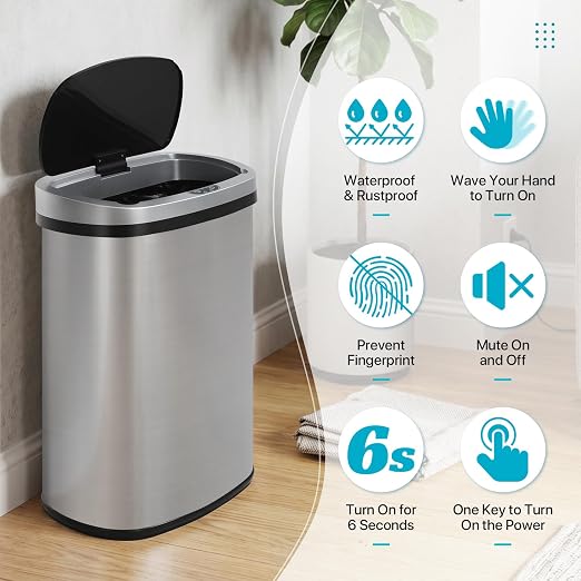 BLKMTY 13 Gallon Trash Can, Stainless Steel Garbage Can with Lid, Sliver | 50 Liters Kitchen Trash Bin, Touchfree Motion Sensor Garbage Bin, Tall Automatic, For Home Office Bathroom