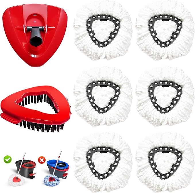 8-Pack Spin Mop Head Replacement for O Cedar Easywring 1-Tank System | Microfiber 100% Reusable Mop, 6 Mop Heads+1 Mop Base and 1 Scrub Brush Combo Set