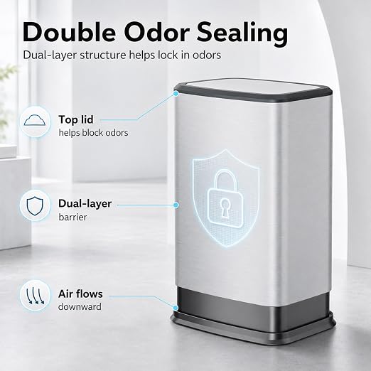 2.1 Gal Slim Bathroom Trash Can with Swing Lid, Rustproof Stainless Steel Small Garbage Can for Narrow Spaces & Toilet Side, Dog Proof Odor Control Waste Basket for Bedroom/Office, Silver