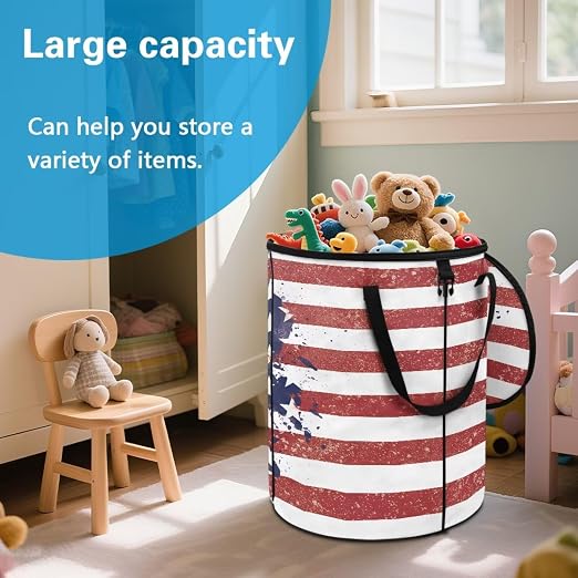 doginthehole 4th of July Decor Collapsible Trash Can with Lid Patriotic American Flag Trash Can 23 Gallon Waterproof Portable Outdoor Waste Bin for Car, Camping, Picnic, Independence Day Decorations