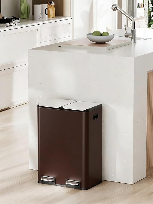 Arlopu 16Gal Dual Trash Can w/2 Built-in Box for Odor Control | Hands-Free Kitchen Garbage Bin, Recycle Waste Dustbin, Soft-Close Lid, 2 Buckets, Foot Pedal, Side Handle, for Home (Brown)