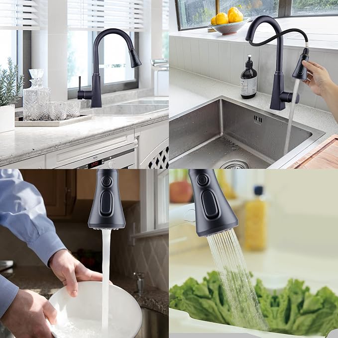 Hibbent Pull Down Spray Head for Kitchen Faucet, 3-Function Sink Nozzle | NSF/ANSI/CAN 61 & cUPC Certified Faucet Head Replacement, 15 Adapters, Compatible with Moen, Delta, Kohler, Oil-Rubbed Bronze