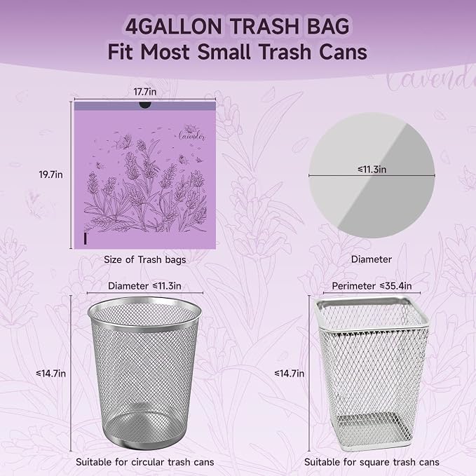 Lavender Scented Small Garbage Bags,Trash Bags 4 gallon Drawstring For Bathroom,Office,Bedroom,Car,Suitable for 2-4 gallon trash can,colorful Print,purple,50 Counts