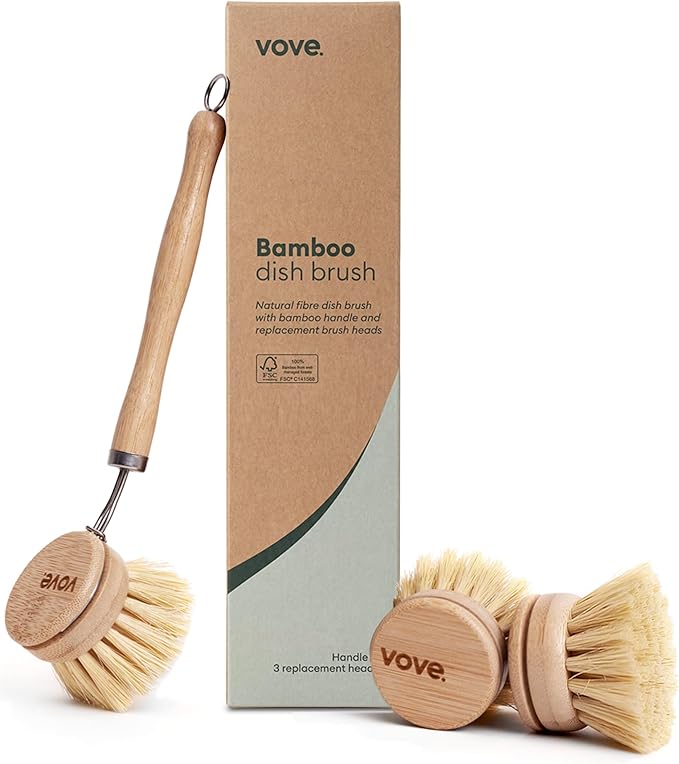 Bamboo Dish Brush with 3 Replacement Heads, Plastic-Free Kitchen Scrub Brush for Pots Pans and Dishes, FSC-Certified Bamboo Handle with Natural Fiber Bristles, Non-Toxic Zero-Waste