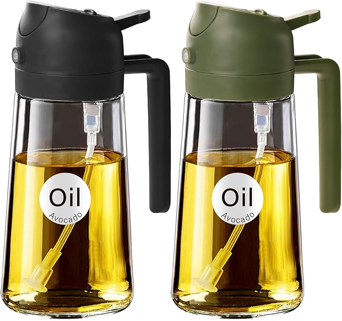 YARRAMATE 16 oz 2-in-1 Glass Olive Oil Sprayer for Cooking, BlackOliveGreen | Food-grade dispenser bottle, 470 ml, spray and pour, portion control, stickers included, for salad, frying and BBQ