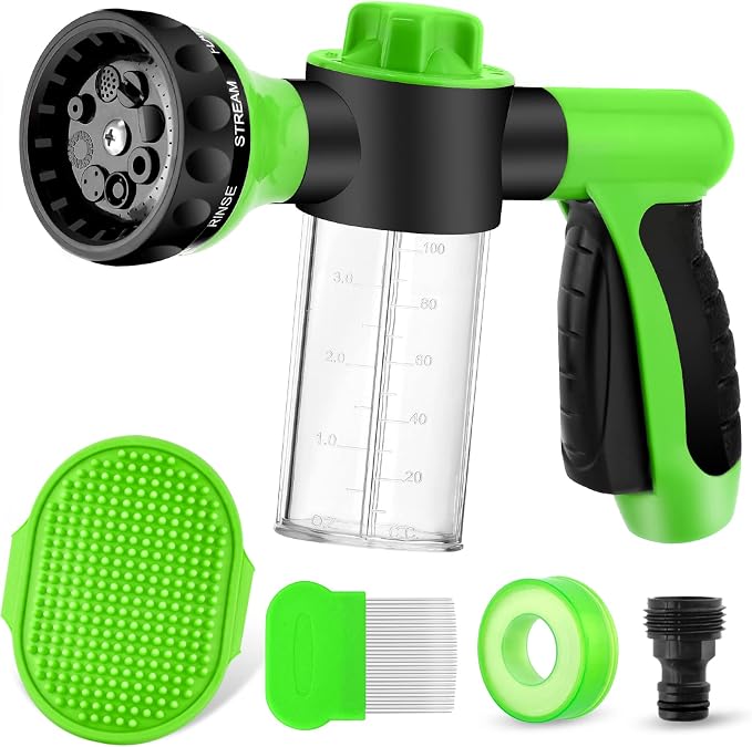 Dog Wash Sprayer Outdoor, 8-in-1 Dog Sprayer Hose Attachment | with Massage Brush and Pet Grooming Comb, Garden Hose Nozzle for Watering Flowers, Car Washing, Pet Bathing