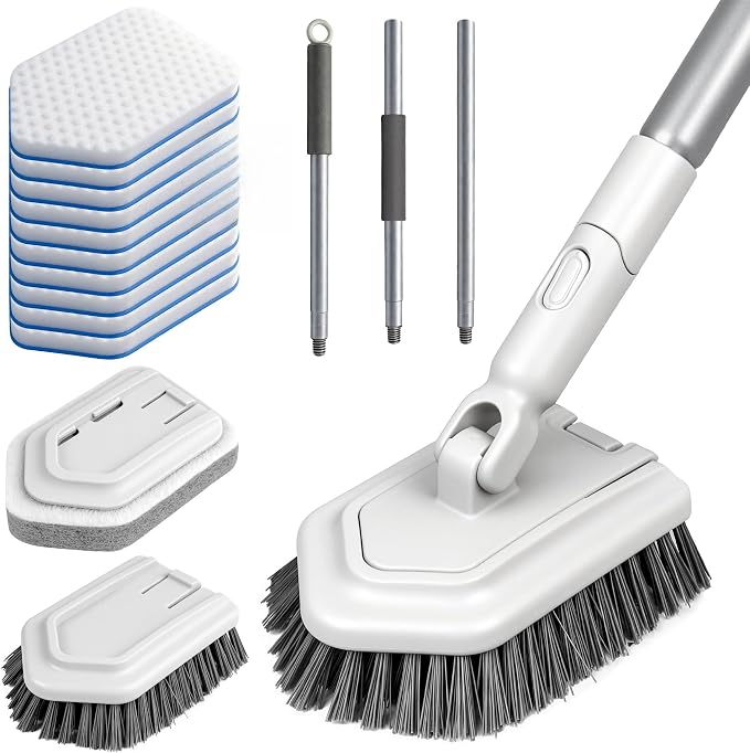 Tile Tub Scrubber Brush with Different Function Cleaning Heads | No Scratch Shower Scrubber for Bathroom Toilet Wall,Bathtub,Sink, and 10 Pack Magic Sponges Eraser