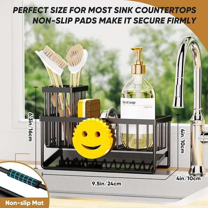 Sponge Holder for Kitchen Sink,Smiley Face Sink Caddy with Removable Brush Holder,Self-Draining Sponge Caddy for Sponge,Soap,Dish Brush,Scrubber,Kitchen Essentials and Gadgets