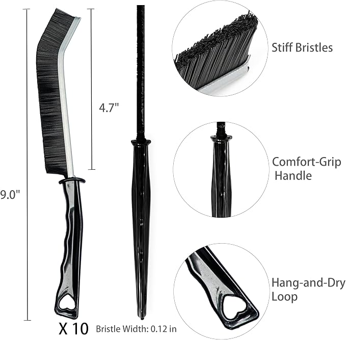 Crevice Cleaning Brush Set, Hard Bristle Grout Brush, 10-Pack | Narrow Cleaning Brushes with Stiff Bristles for Grout, Gaps, Kitchen Sinks, Bathroom Tiles, Window Tracks and Tight Spaces