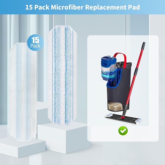 15 Pack Microfiber Mop Pads for O-Cedar H2prO Flat Mop System, Washable and Reusable Mop Replacement Heads for Floor Deep Cleaning, Mop Pad Refills for Wet Dry Floor