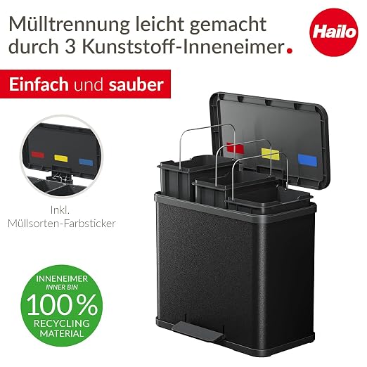 Hailo OKO Trio Plus 0633-260 Pedal Waste Separator Kitchen Trash Can with 3 x 9L Removable Inner Buckets with Soft-Close Lid, Wide Foot Pedal, Multi-Compartment Recycling Bin, Black