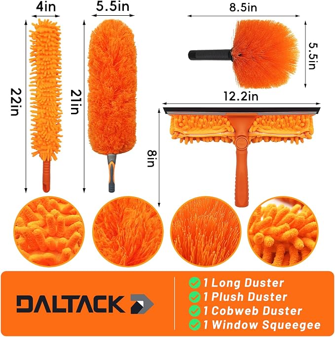 32 Foot High Dusters for Cleaning with 6-24 Foot Heavy Duty Extension Pole | High Reach Duster, Extendable Reusable Cobweb, Feather, Ceiling Fan Cleaner Duster, Window Squeegee Kit