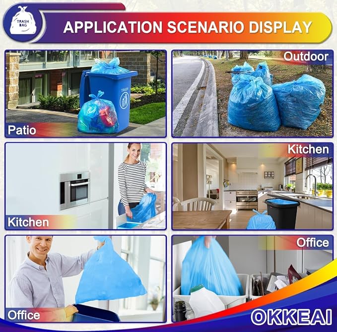 OKKEAI 8 Gallon Kitchen Trash Bags, 30L Blue Garbage Bags, 60 Count | Strong and Tear-Resistant Trash Bags for Kitchen Bins, Fits Most 7-10 Gallon Cans