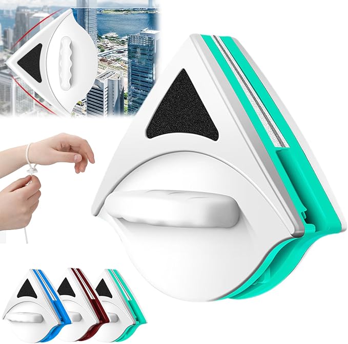 Window Cleaner, Magnetic Window Cleaner, Sponge Wiper Cleaning Brush Double Sided, Upgrade Magnetic Glass Cleaner Tool (Cyan (Applicable to 5-15mm))