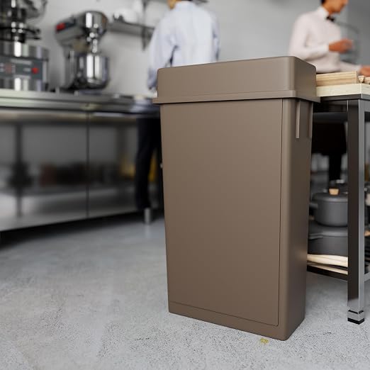 23 Gallon Brown Rectangular Slim Trash Can with Drop Shot Lid | Great for Home, Commercial, or Restaurant Use.