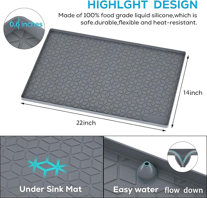 Under Sink Mats 14"x22" for Kitchen, Silicone Waterproof Liner, Sink Silicone Tray with Drain Hole, Storage and Organizers, Cabinet and Counter Protector,Litter Mat, Pet Cat Puppy Essentials