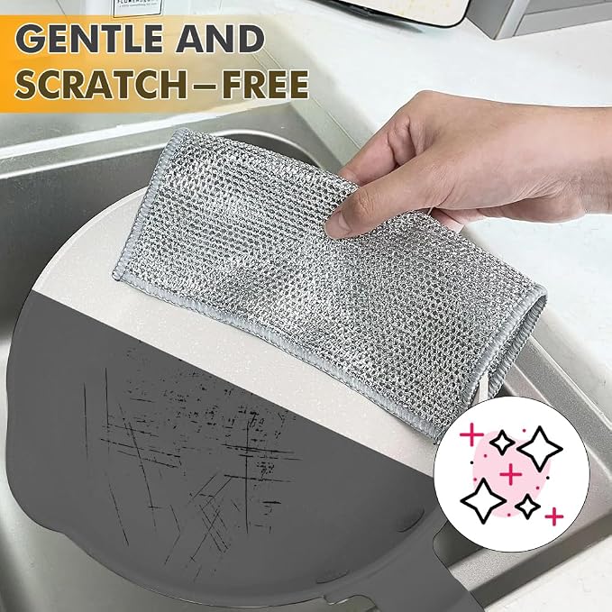 Silver Mesh Dish Cloths (3 Layer) – Non Scratch, Odor Free, Quick Dry Wire Cleaning Pads for Sinks, Dishes, Stove Top | Multipurpose Reusable Metal Scrubbers | 10 Pack