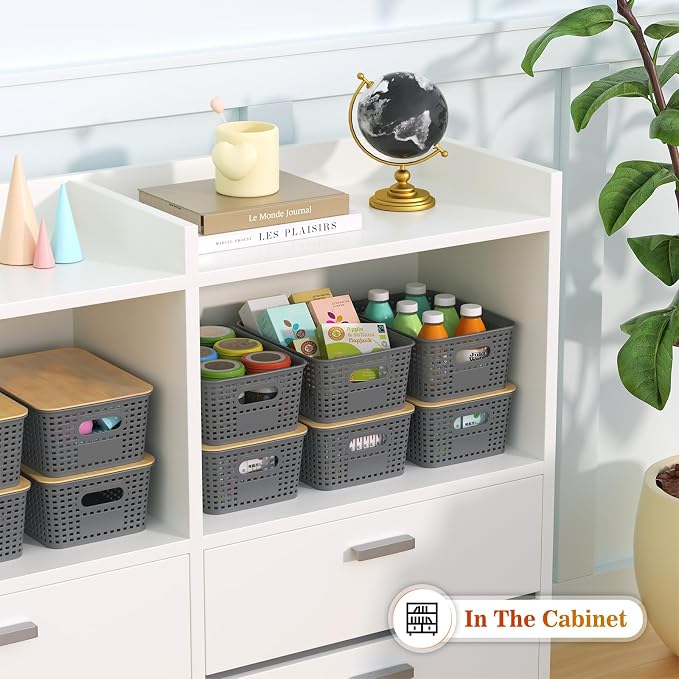 Ohmlove 6 Pack Plastic Storage Baskets with Bamboo Lids for Organization | Stackable Storage bins, Storages Baskets for Organizing Shelves Drawers Desktop Closet Playroom Classroom Office,Gray