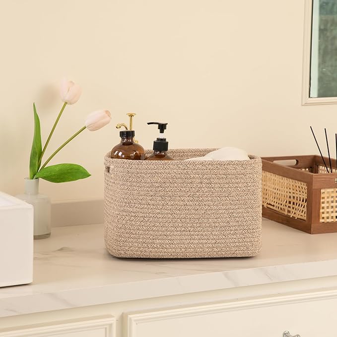 OIAHOMY 4 Pack Storage Baskets for Organizing 24L Cube Storage Bins Brown | Woven Baskets for Storage Rectangle Small Baskets With Handles Baskets for Shelves Wicker Baskets for Shelves 16x12x8inch