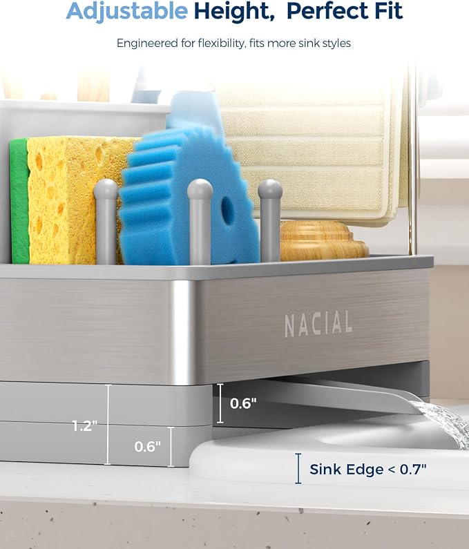 Nacial Kitchen Sink Organizer, Sink Caddy with Sponge & Tall Brush Holder | 304 Stainless Steel Kitchen Countertop Organizer with Double-Bar Towel Holder, Stores Sponge, Brush, Towel & Sink Essentials