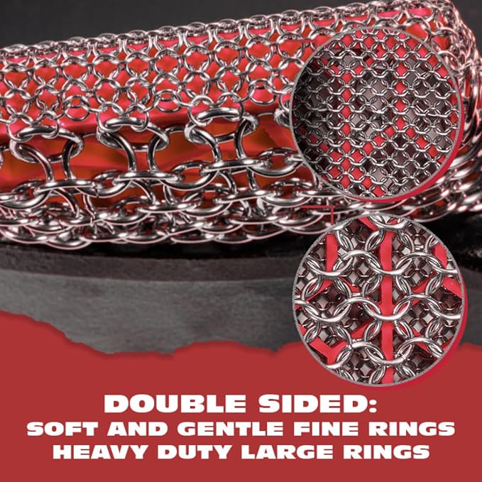 Knapp Made Premium Cast Iron Cleaner, 2-in-1 Combo Chainmail Scrubber with Silicone Core, Heavy Duty & Fine Mesh Rings for Cookware, Skillets and Pots, Premium Cast Iron Cleaner – Red