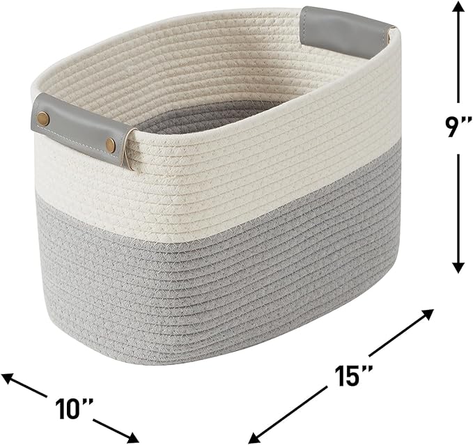 3 Pack Woven Cotton Rope Storage Basket, 15x10x9, White/Gray | Faux Leather Handles; Decorative Closet Shelf Organizer; Ideal for Storage & Organization