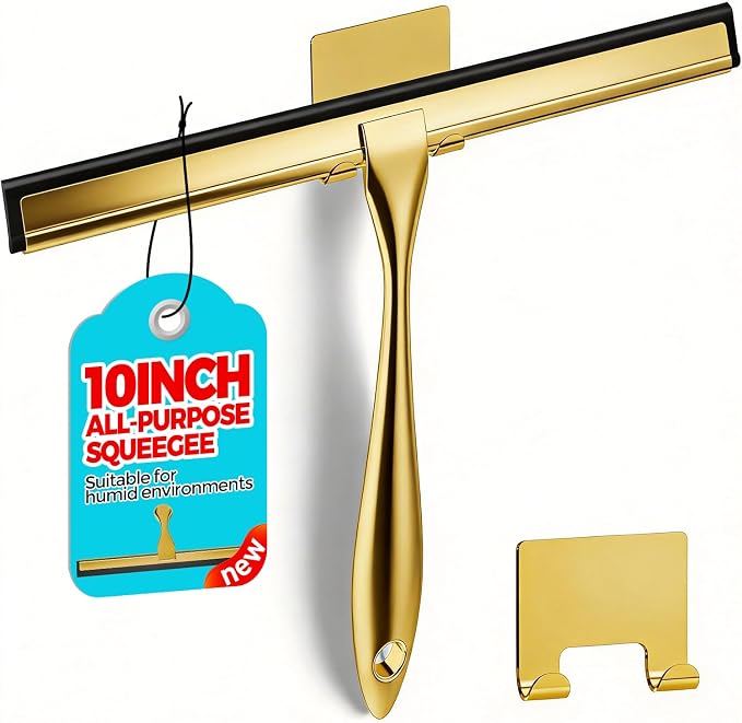 Shower Squeegee for Glass Doors, Tile Walls, Mirrors and Windshields | 10" Gold, Bathroom Accessories, Window Cleaner, New Home Essentials, Silicone Blade, Metal Handle, Adhesive Hook