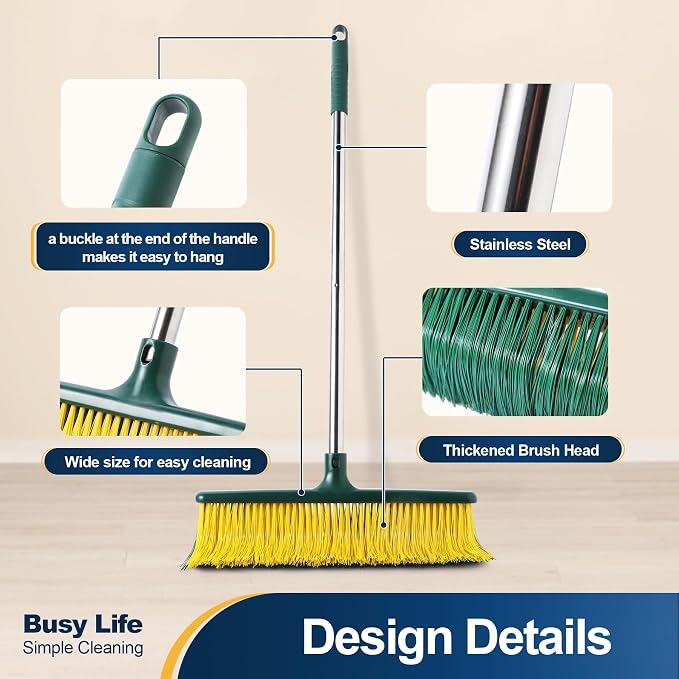 Yocada Heavy Duty Outdoor Broom Commercial Broom Garden Leaf Rake with Curved Bristles Adjustable Long Handle Indoor Outdoor for Yard Deck Garden Garage Lobby Lawn Sidewalk Leaves 58.7 Inch