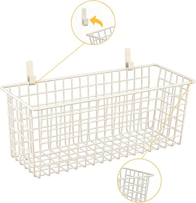 2 Sets White Extra Large Hanging Wall Basket with Steel Hooks | Metal Wire Baskets for Organizing, Wallmounted Fruit Vegetable Toy Snack Storage, Home Kitchen Bathroom Laundry Pantry