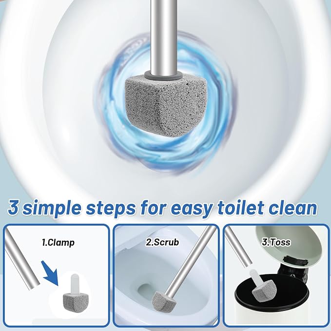Pumice Stone Toilet Bowl Cleaner - Hard Water Stain Remover | Natural pumice removes hard water rings, limescale & rust on toilets, tiles, sinks & grills. Long handle + 8 refills.