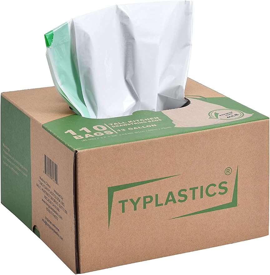 TYPLASTICS Tall Kitchen Drawstring Trash Bags, 13 Gallon, 110 Count | 24in x 27in, Unscented