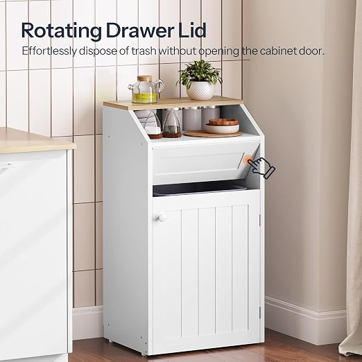 Trash Cabinet, Freestanding Trash Can Cabinet, Wooden Recycling with Flip Door, 10 Gallon Hidden Kitchen Garbage Can for Kitchen, Living Room, White WB01WT