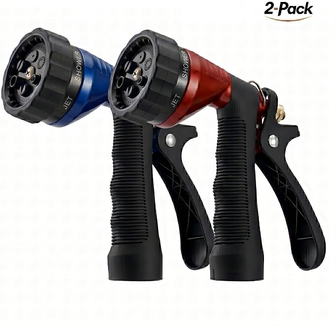 Water Hose Nozzle 2-Pack, Zinc Alloy Garden Spray Nozzle with Adjustable Spray Patterns, Leakproof Rustproof Trigger Lock for Outdoor Cleaning & Car Wash, Blue & Red