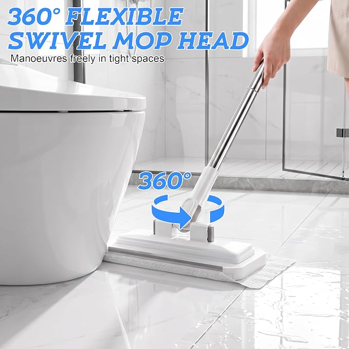 53.2 in Handle, 360° Swivel Floor Mop with 2 Reusable Cloths | Hands Free Flat Mop, Baseboard Cleaning Tool for Hardwood, Tile, Marble & Laminate Floors, Home, Kitchen Cleaning Essentials