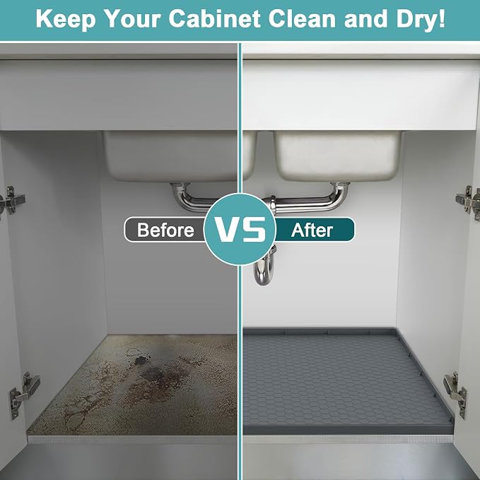 Waterproof Under Sink Mat, 28" x 19" Silicone Under Sink Mats for Kitchen, Under Kitchen Sink Mats and Protector Mat, Sink Cabinet Protector Mats for Bathroom, Gray (Pack of 3)