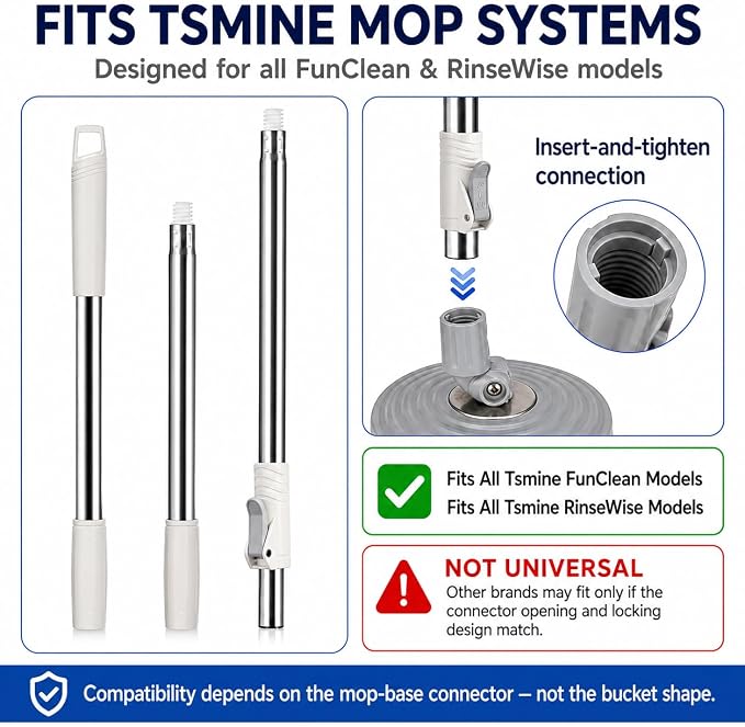 RinseWise Spin Mop Replacement Handle Only, 3-Section Stainless Steel Pole with 35/49/61 in Length Options, Fits All Tsmine FunClean Models, Not Universal, No Mop Head, Base or Bucket - White