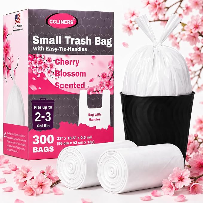 2.6 Gallon Scented Trash Bags with Handles (300 Bags) Small Bathroom Garbage Bags Wastebasket Can Liners for Home Office Bins (Cherry Blossom, 300 ct.)