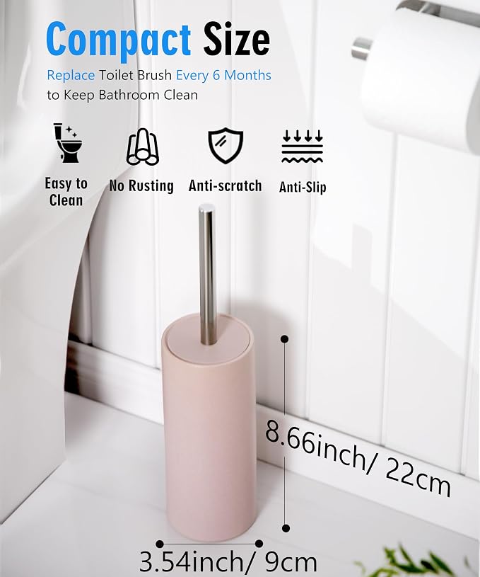 Matt Pink Ceramic Toilet Brush and Holder Set | Freestanding Toilet Bowl Cleaners Brush, Scrubber Brush for Toilet, Bathroom Accessories with Stainless Handle, Deep Cleaning
