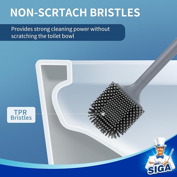 MR.SIGA Toilet Brush and Holder Wall Mounted, Gray, 1 Pack | Compact space saving toilet cleaner brush, scratch free thermoplastic rubber head, easy to clean and dry quickly