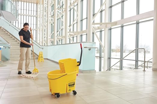 Rubbermaid Commercial Products WaveBrake 26 Qt. Side-Press Mop Bucket and Wringer Combo on Wheels, Yellow, for Professional/Industrial/Business Heavy-Duty Floor Cleaning/Mopping