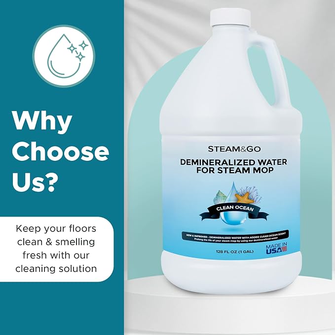 Steam & Go Demineralized Water for Steam Mop – Clean Ocean Scent, 128 fl oz (1 gal) | Scented Floor Cleaner Solution, Ready-to-Use, Compatible with Any Steam Cleaner | Mineral-Free, Ready-to-Use Floor & Garment Steamer Solution; Prevents Buildup, Suppo...