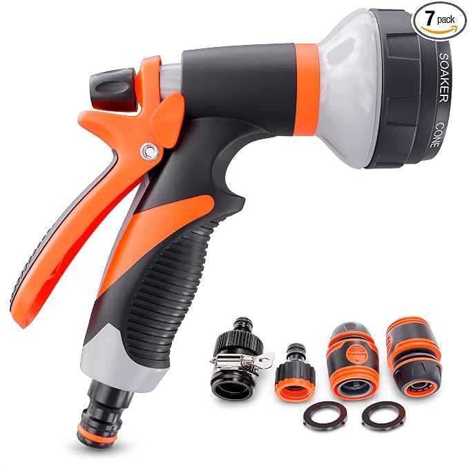 8 Pattern Garden Hose Nozzle Heavy Duty High Pressure Sprayer | Rubber-Grip ABS Water Hose Nozzle for Car Washing, Plant Watering, Deck Rinsing and Dog Bathing, Leak Proof Adjustable Flow