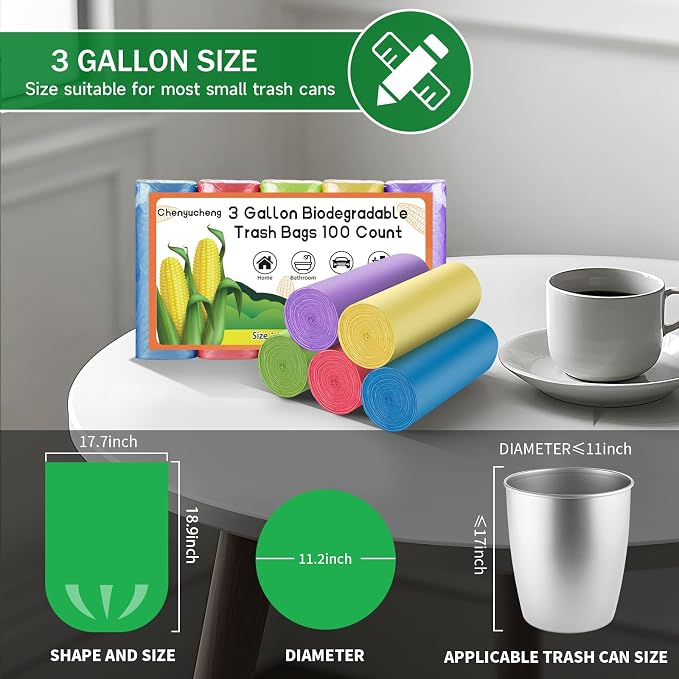 3 Gallon Compostable Bathroom Trash Bags - Mini Small Garbage Bags Colorful 100 Count 12 Liter Mini Waste Basket Liners For Kitchen Office Car Biodegradable Unscented Strong Thick Chenyucheng