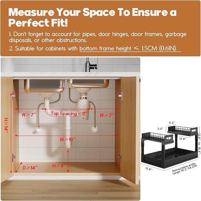 1 Pack Expandable Under Sink Organizers And Storage With Upgrade Ball-Bearing Slide Tracks,2-Tier Pull Out Under Cabinet Organizer Height Adjustable,Slide Out Under Sink Drawers-Black(Patent Pending)