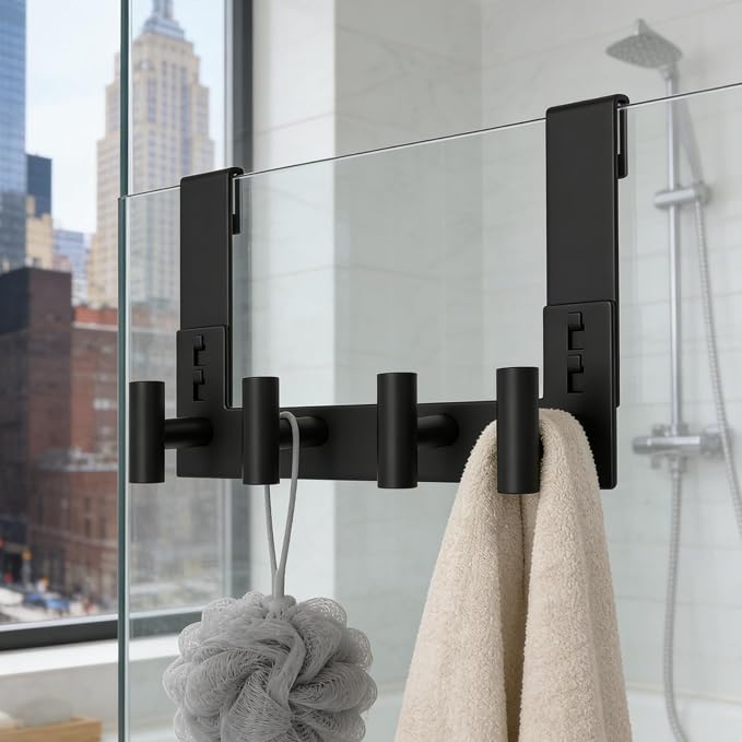 PMMASTO Black Extra-Long Shower Door Hanger, 4 T-Hooks, Fits 3/8-Inch Glass | Extra-Long Heavy-Duty Stainless Steel, 4 T-Shaped Hooks, for Bathrobes and Towels on Frameless Glass Shower Doors